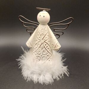 Angel Figurine with Distressed White Finish And Feathers Feathers